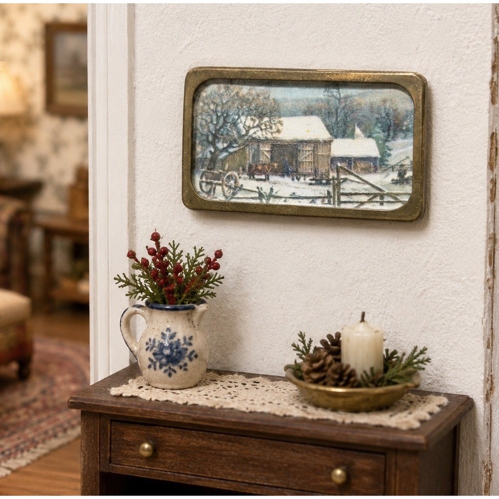 Vintage 1:12 Dollhouse Miniature Winter Farmstead Art Brass Glass Frame Handmade